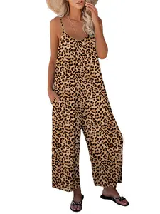 Ladies' Casual Sleeveless Jumpsuit, Leopard Print Pockets, Loose Camisoles, All Seasons, Organic Textile, Soft, Comfortable & Stylish