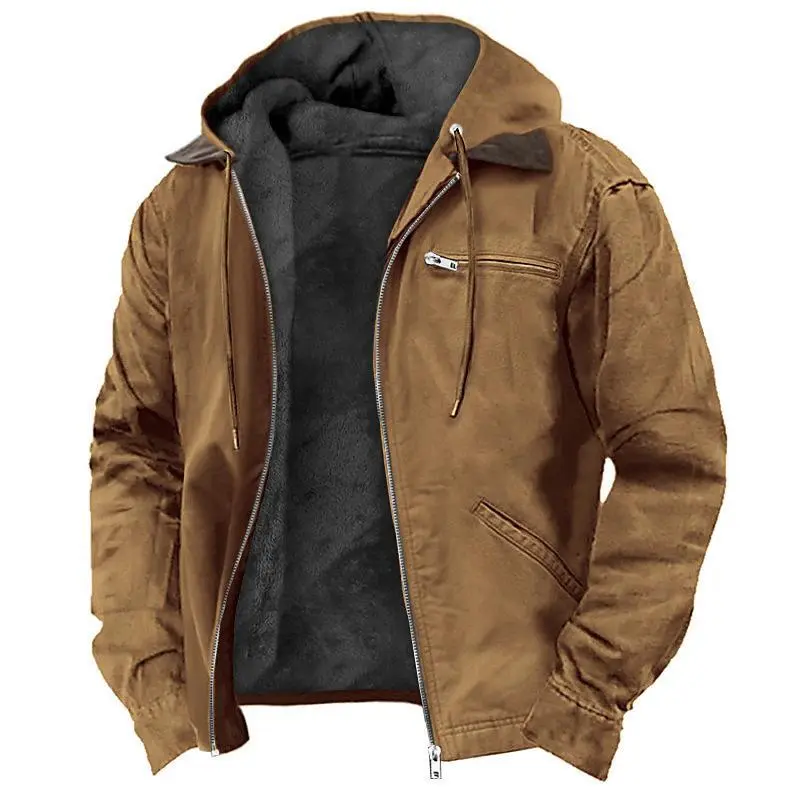 Men's Loose Fit Work Jacket Wool Lined Waterproof Winter Hooded Multiple Pockets Utility Workwear Durable Outdoor Coat Heavy Duty Construction Streetwear, layering piece, trendy style, essential piece