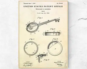Banjo 1903 Patent Print. Bluegrass & Country Music Poster, Cowboy Gift, Wild West, Western Vintage Wall Art 1 Poster No Frame wall art Decor