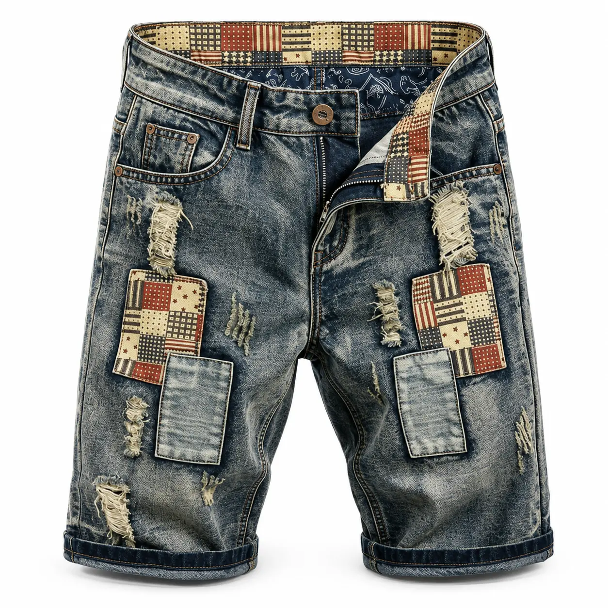 Men’s patchwork ripped denim shorts, vintage distressed mid-thigh jeans shorts, loose casual half-length shorts, street fashion style, suitable for summer outfits and everyday wear
