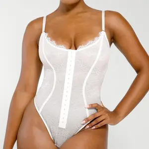 Shapellx Lace Glamour Thong Hourglass Bodysuit Tummy bridle Front Button Design Tops Comfort Shapewear for Women Sleeveless Skinny Slim Womenswear