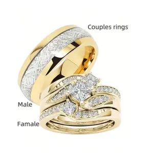Couple Promise Rings - Her Commitment Ring Bridal Set - Men's Stainless Steel Business Wedding Band