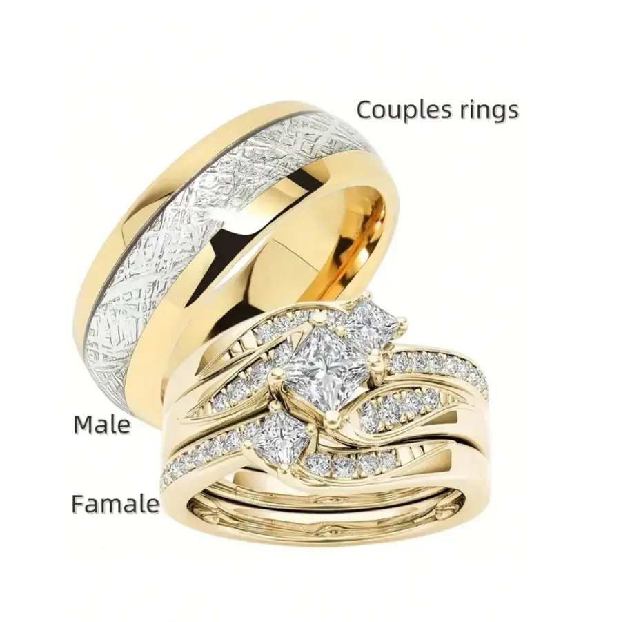 Couple Promise Rings - Her Commitment Ring Bridal Set - Men's Stainless Steel Business Wedding Band