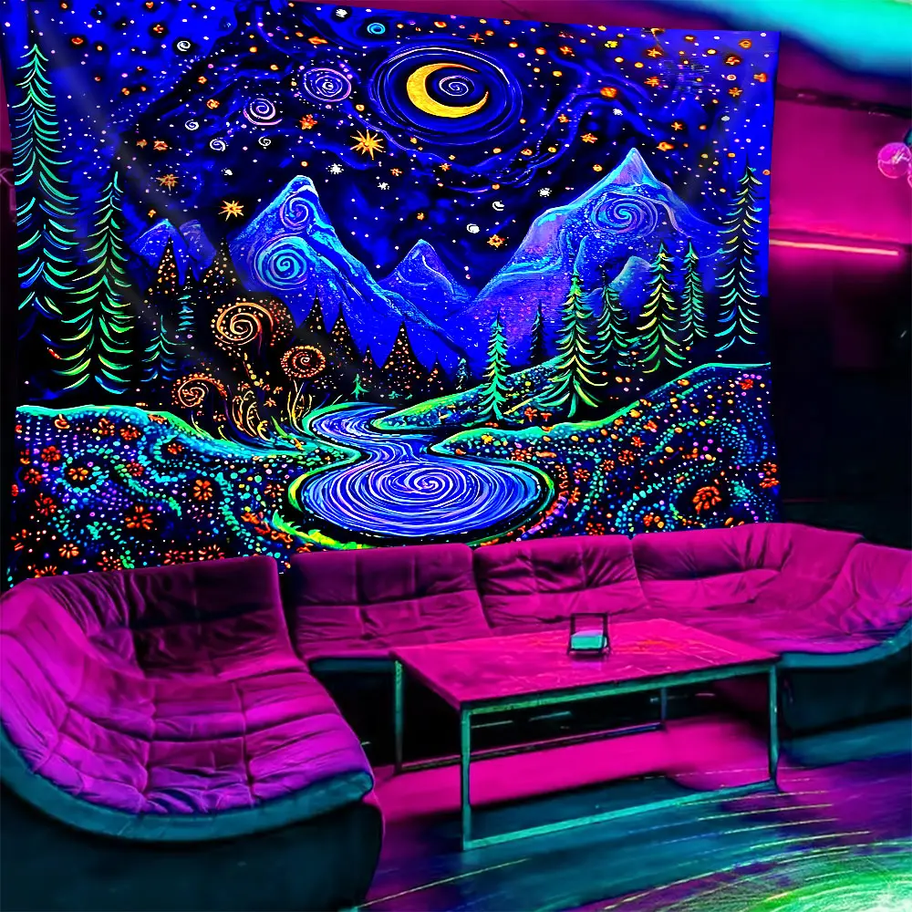 Neon Psychedelic Starry Sky Pattern Decorative Trippy Tapestry UV & Black Light Reactive Glow in the Dark with Mountain Forest River, Tapestry Wall Mural Wall Hanging Art Decoration for Bedroom Dorm Gaming Room Party Living Room Wall Tapestries
