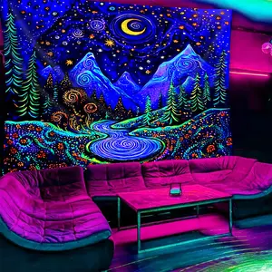 Neon Psychedelic Starry Sky Tapestry UV & Black Light Reactive Glow in the Dark with Mountain Forest River, Tapestry Wall Mural Wall Hanging Art Decor for Bedroom Dorm Gaming Room Party Living Room