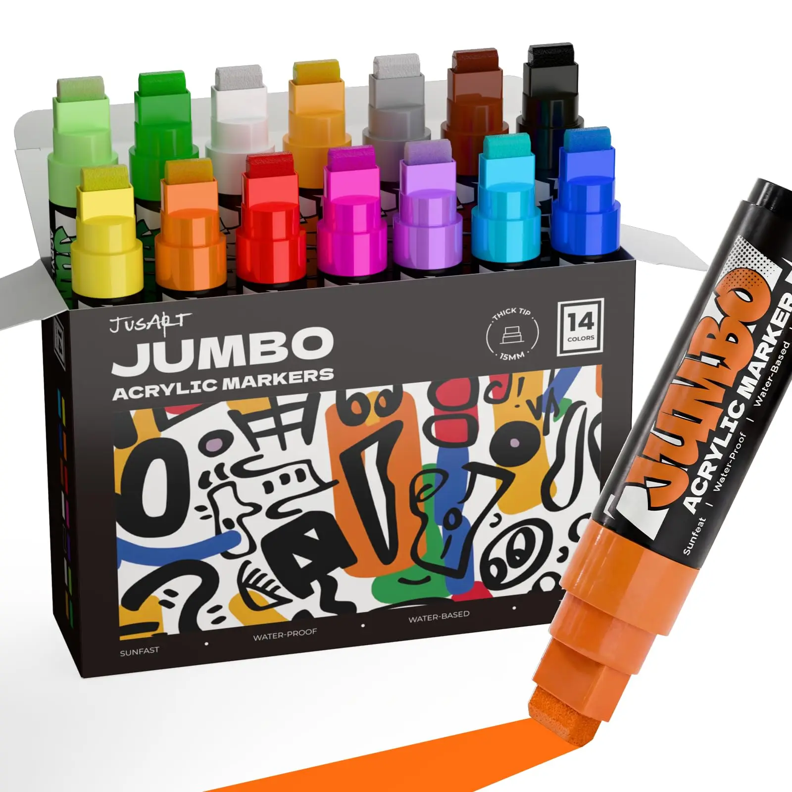 JusArt 14 Colors Jumbo Markers for Quick Bold Poster Banner Sign Lettering and Coloring, 15mm Wide Tip Acrylic Markers for Rock, Fabric, Ceramic, Metal, DIY Crafts
