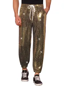 INSPIRE CHIC Sequins Metallic Pants for Men's Elastic Waist Nightwear Club Shiny Jogger