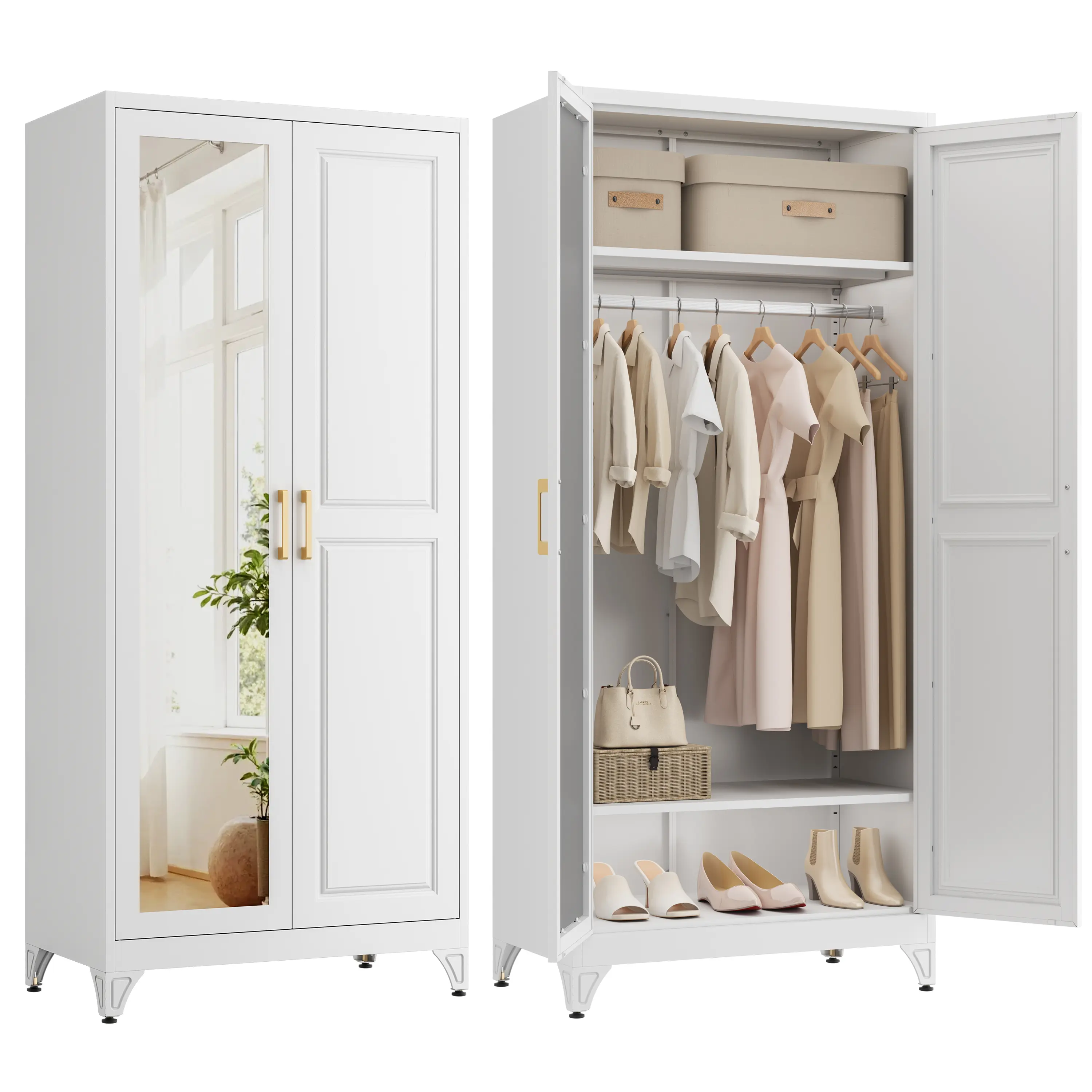 71”Armoire Wardrobe Close,White Wardrobe Cabinet with Mirror Door | Metal Wardrobe Closet with Hanging Rod and Adjustable Shelves,Freestanding Clothing Storage Cabinet for Bedroom, Office,Gym