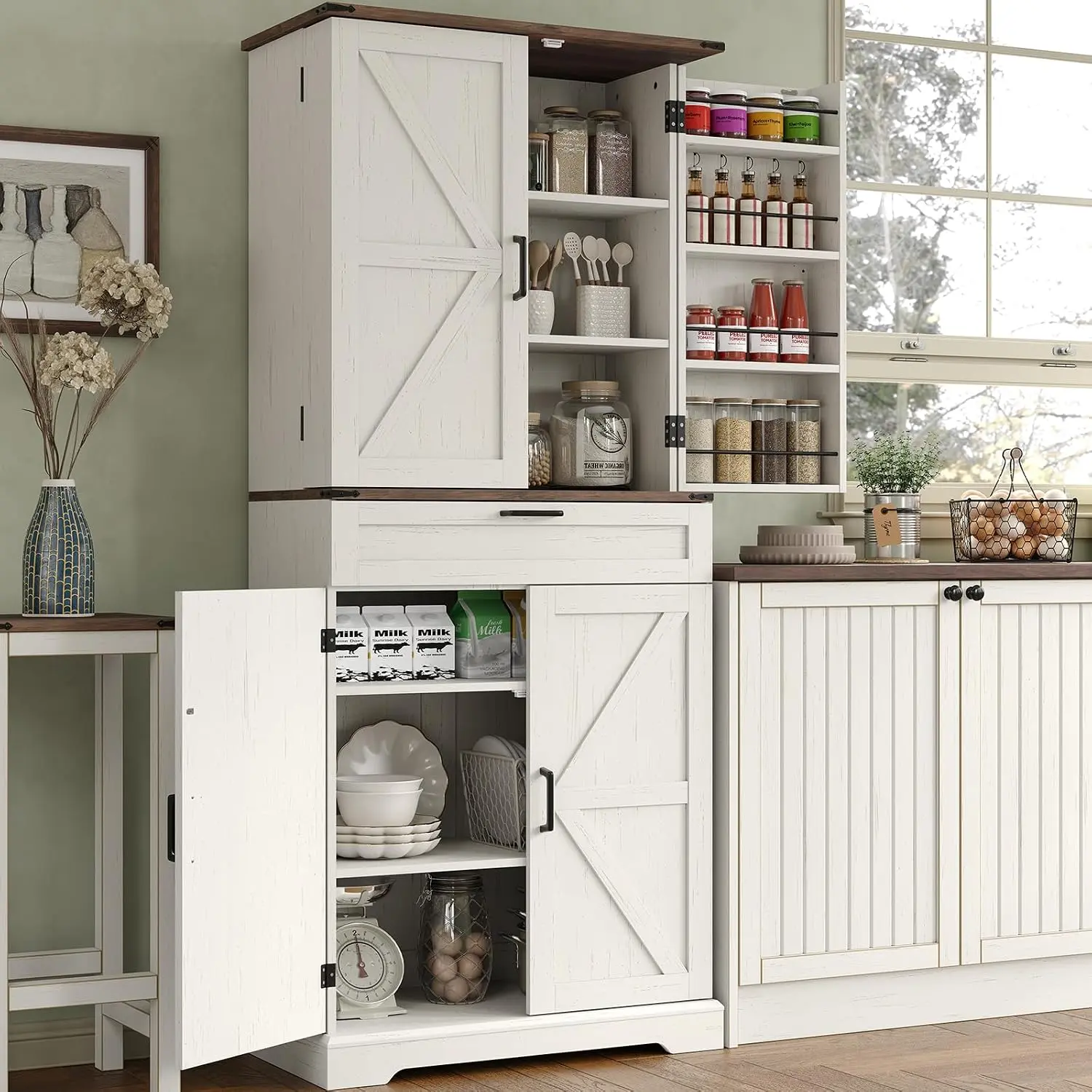 72'' Kitchen Storage Pantry Cabinet, Tall Storage Cabinet with 8 Door Shelves, 2 Cabinets and 1 Drawer, Freestanding Cupboard for Kitchen, Dining Room, Bathroom, Laundry, off White FUSOU