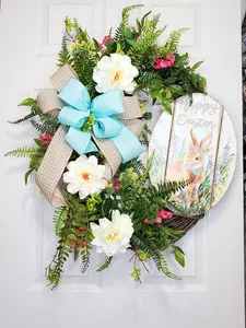Easter Bunny Wreath for Front Door - Handmade Spring Floral Wreath with White Peonies, Blue Bow & Happy Easter Sign Decor Farmhouse