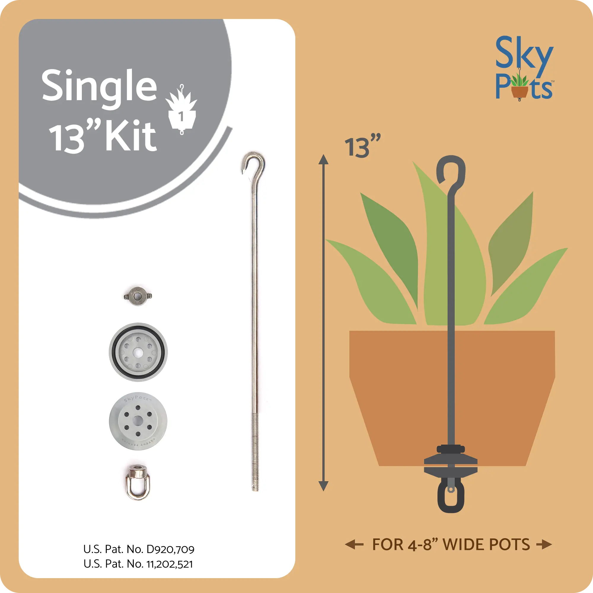 Single 13-inch Small SkyPots Pot Hanger Kit, Hang Your Everyday Clay Pots, Connectable Pot Hanger