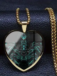 A transparent glass heart necklace with a delicate 2D retro scorpion pattern inside.