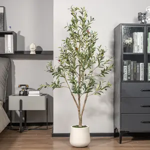 5FT Artificial Olive Tree in White Planter Faux Indoor Plant with Realistic Wood Trunk & Lifelike Fruits for Home & Office Decor