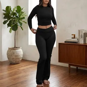 Women's 2 Piece Outfits Foldover Flare Pants Long Sleeve Crew Neck T-shirt Fitted Pajama Sets - Comfortable Lounge Wear Sleepwear Casual Home Outfit Soft Stretchy Fabric Perfect for Relaxing Vacation Daily Wear