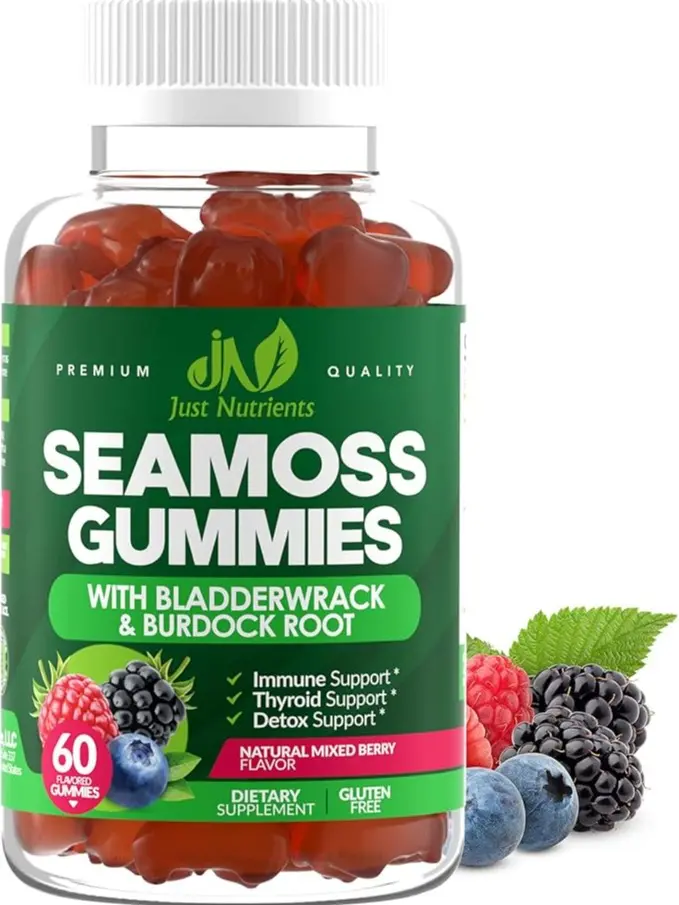 Gummies with Bladderwrack and Burdock Root - Natural Irish Sea Moss Superfood for Immune, Thyroid and Detox Support - Extra Strength for Men & Women - Gluten-Free, Vegan - 60 Gummies