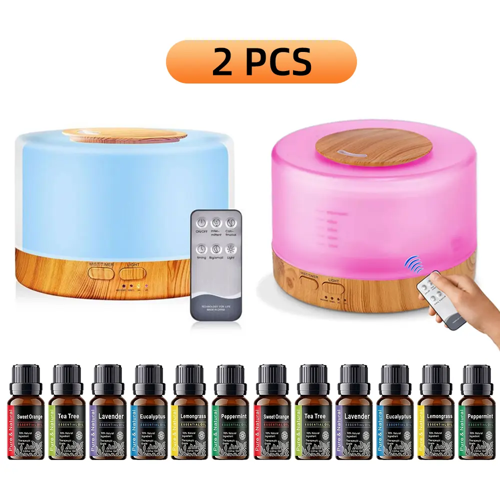 2PCS 500ml Essential Oil Diffuser, 6 Therapeutic Oils (Lavender, Eucalyptus), 7 Color Lights, Auto-Off, Whisper-Quiet Mist