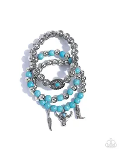Western Wardrobe - Blue Turquoise Silver Cowboy Boot Skull Stretchy Bracelet Stack - Paparazzi