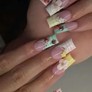 24pcs Medium-Length Square Nails, Nude Ladybug Flower Pattern, Reusable, Multiple Sizes, Includes Jelly Glue and Nail File