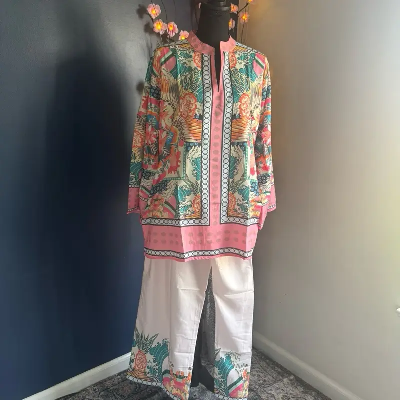 Cord Set for Women, Stylish Bohemian Floral Print Summer Clothes, 2-Piece Indian Pakistani Suit with Turkish Prints, Lady, Dress, Loose-Fitting, Stylish Suit, Plus Size, 3Xl, Xxl, Corduroy
