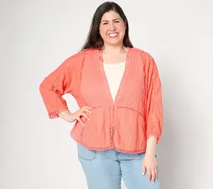 LOGO Lavish by Lori Goldstein Mixed Lace 3/4 Sleeve Cardigan