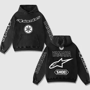 Retro Yamaha x Astars Racing Washed Hoodie Motor World Champion Enthusiast Apparel Streetwear Shoei Helmet Racing Super Motorsports Clothing Riders Motocross Off-Road Dirt Bike Fan Gear Cotton For Motor Fan