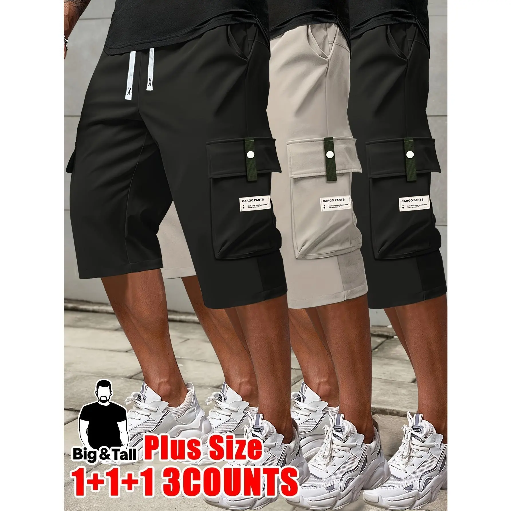 HIDKAT Menswear Men's Cargo Shorts with Cargo Pockets - 3-Pack Plus Size Medium-Length, Retro Style Holiday Casual Activewear, Digital Print, Drawstring Tie, Sports Clothes, All Seasons, Above The Knee, Cold Wash, Fitted, Mid Waist, Polyester