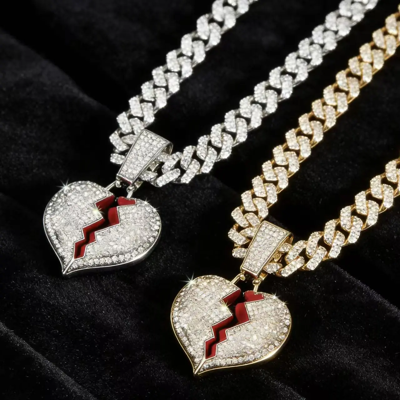 2026 New Broken Heart Pendant Necklace, Iced Out Cuban Link Chain, Daily Couple Hip Hop Fashion Costume Jewelry Accessory, Matching Couple Necklaces, Chain Set Necklaces