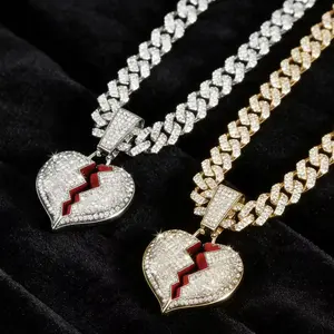 2026 New Broken Heart Pendant Necklace, Iced Out Cuban Link Chain, Daily Couple Hip Hop Fashion Costume Jewelry Accessory
