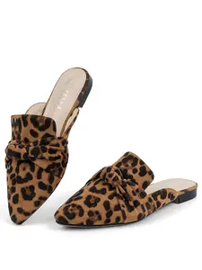 Women's Fashion Leopard Print Bow Decorated Slip on Mules, Minimalist Casual Clogs, Casual Comfortable Pointed Toe Flat Shoes for Daily Wear, Lightweight Breathable Shoes for Women