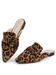 women's fashion leopard print bow decorated slip on mules, casual comfortable pointed toe flat shoes for daily wear, lightweight breathable shoes for women