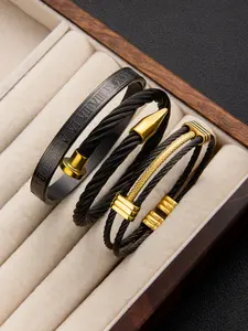 3-piece Black Gold Steel Wire Bracelet Set / Men's Versatile Titanium Steel Adjustable Bracelet / Punk Men's Wristband / Non-fading / For Daily Wear / Festivals / Parties / Ideal Gift / Fashionable Bracelet / Stackable Bracelet