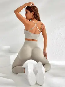 Two-piece Set Women's Solid Criss Cross Backless Crop Tank Top & High Waist Leggings Tracksuit Set, High Stretch Sporty Casual Breathable Outfits for Yoga Gym Workout Running, Ladies Fitness Sportswear Set for All Seasons