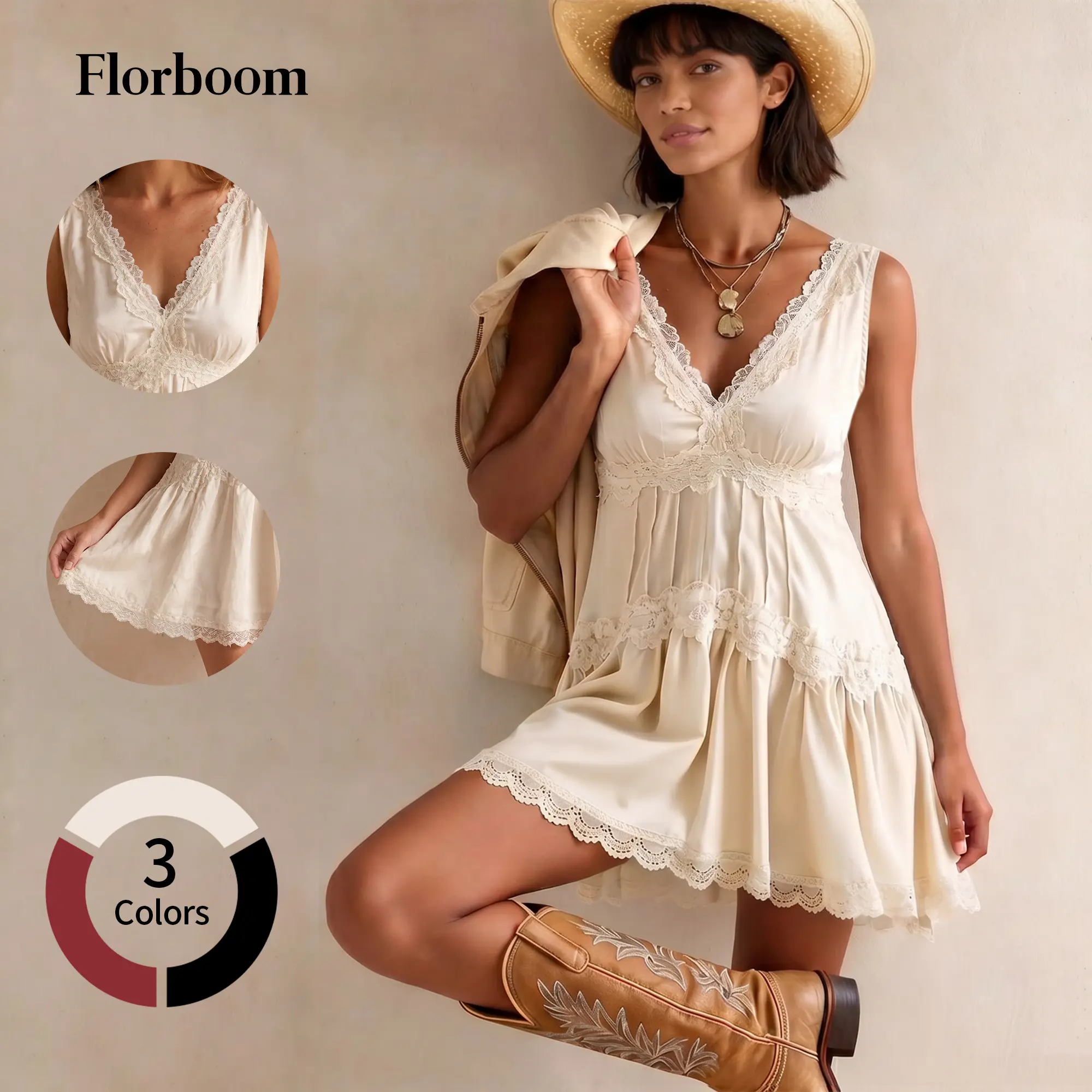 Florboom Womens Boho Lace Mini Stain Slip Dress, V Neck Sleeveless, Tiered with Lace Trim, Flowy Babydoll A-Line Short Dress for Layering Western Vacation Beach Country Concert Date Night, Summervibes Vneck