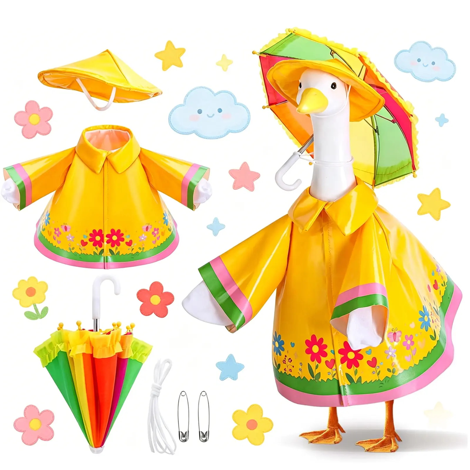 3 Set Raincoat Porch Goose Outfits, Summer Lawn Goose Statue Raincoat Costume, Yard Goose Clothes Raincoats Umbrella Hat Outfit for 23" Statue Patio Garden Decoration