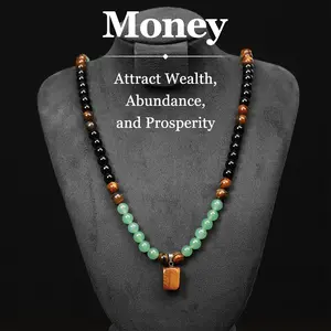 【SGGUI】Money Necklace Jewelry for Women Men Jade Crystal Tiger Eye Obsidian Beaded Necklace Feng Shui Good Luck Money Necklace Wealth Attraction Accessories Outfits Protection Jewelry Gifts