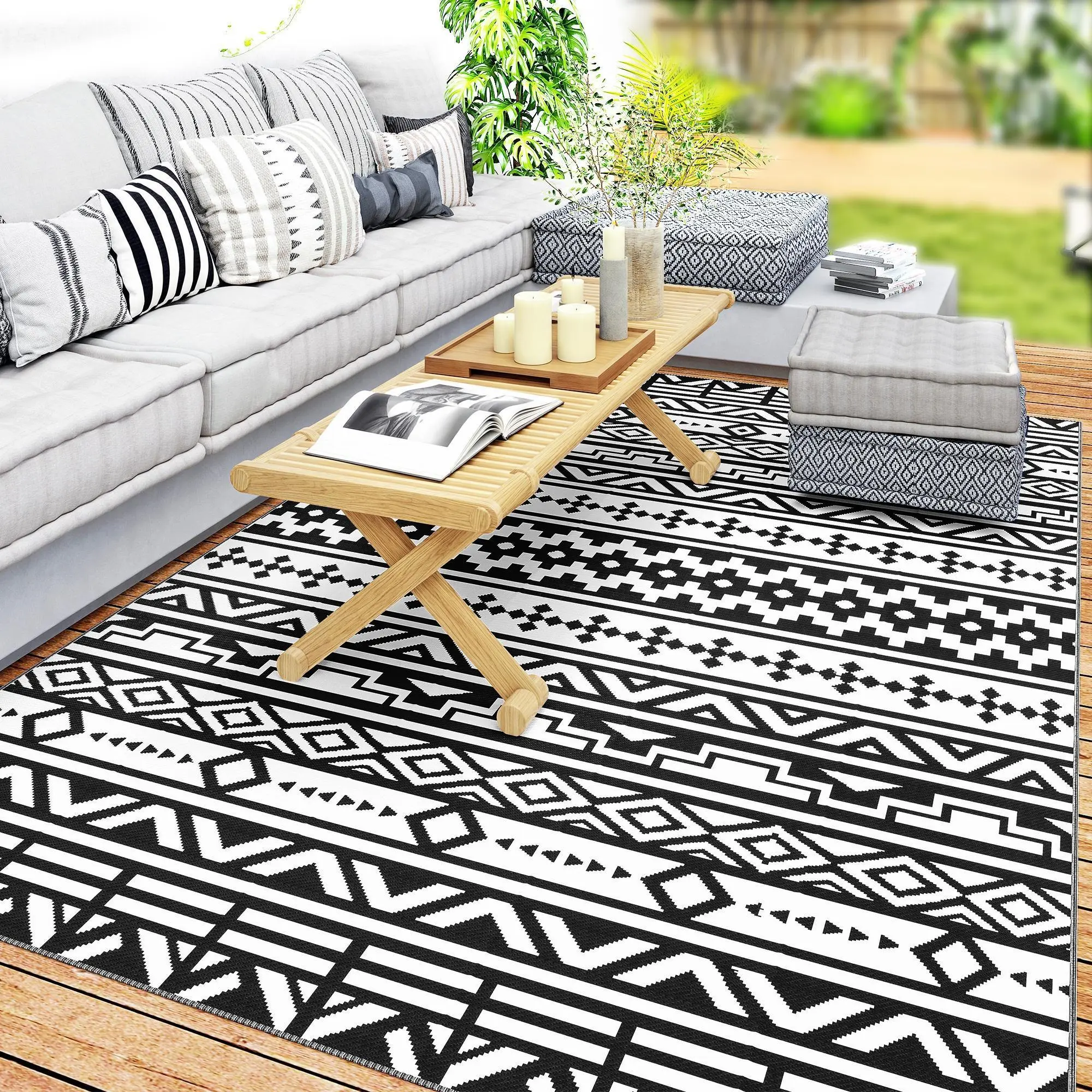 Outsunny Waterproof Reversible Plastic Straw Outdoor Area Rug - Portable Large Casual Garden Decoration Rug, Outdoorfun Mud Mat Runner for Backyard, RV Camping