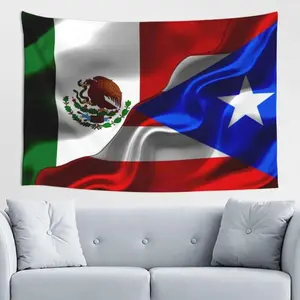 Custom Mexican & Puerto Rican Flag Tapestry 100% Polyester Hemmed Edges Wall Art for Bedroom Living Room Home Dorm Decor Synthetic Decoration