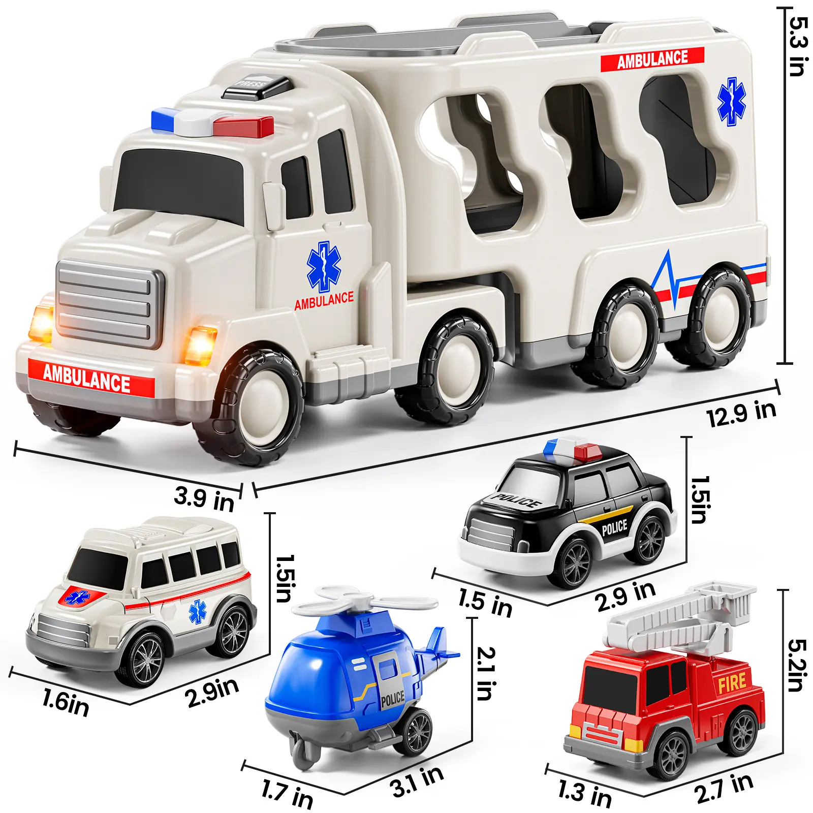 5-in-1 Science Rescue Car Toy Gift Set for 3-6 Year Olds - Unisex Emergency Edu Toy with 4 Mini Emergency Cars, Realistic Sound & Light Transport Vehicle, Ultra-Large Storage, City Simulation Holiday Gift