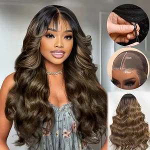 【NEW】Nadula Drawstring 13x4 Pre-Everything Lace Frontal Balayage Highlights Fluffy Natural Loose Wave Curtain Bangs Wig 100% Human Hair TikTokShopSpringGlowUp Greenish
