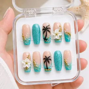 Turquoise Palm Tree Press On Nails | Tropical Beach Summer Nail Art