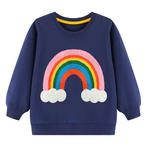 HILEELANG Little Girl Sweatshirts Navy Rainbow Towel Embroidery Applique Crewneck Long Sleeve Pullover Cotton Top Sweater Shirts 4-7Years