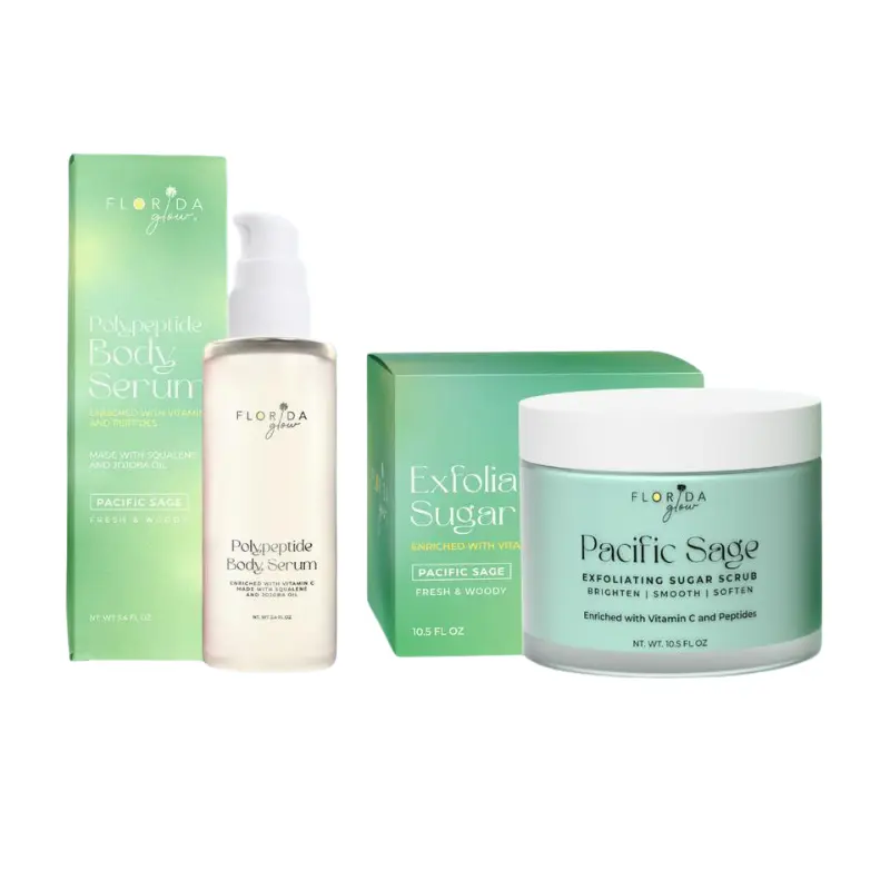 Florida Glow Pacific Sage Scrub & Body Oil Duo – Exfoliating Sugar Scrub + Hydrating Body Serum with Vitamin C, Smooth & Glow Skincare Set for Soft Radiant Skin, Sage Scent