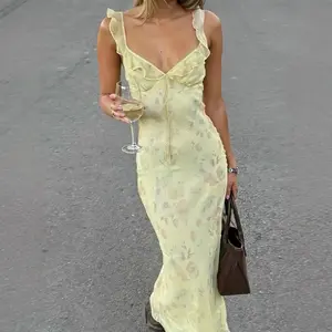 Sexy Summer Flower Dress 2025 - Low-Cut Backless Sling Sleeveless Beach Vacation Outfit for Women in Yellow Floral Print Casual Elegant