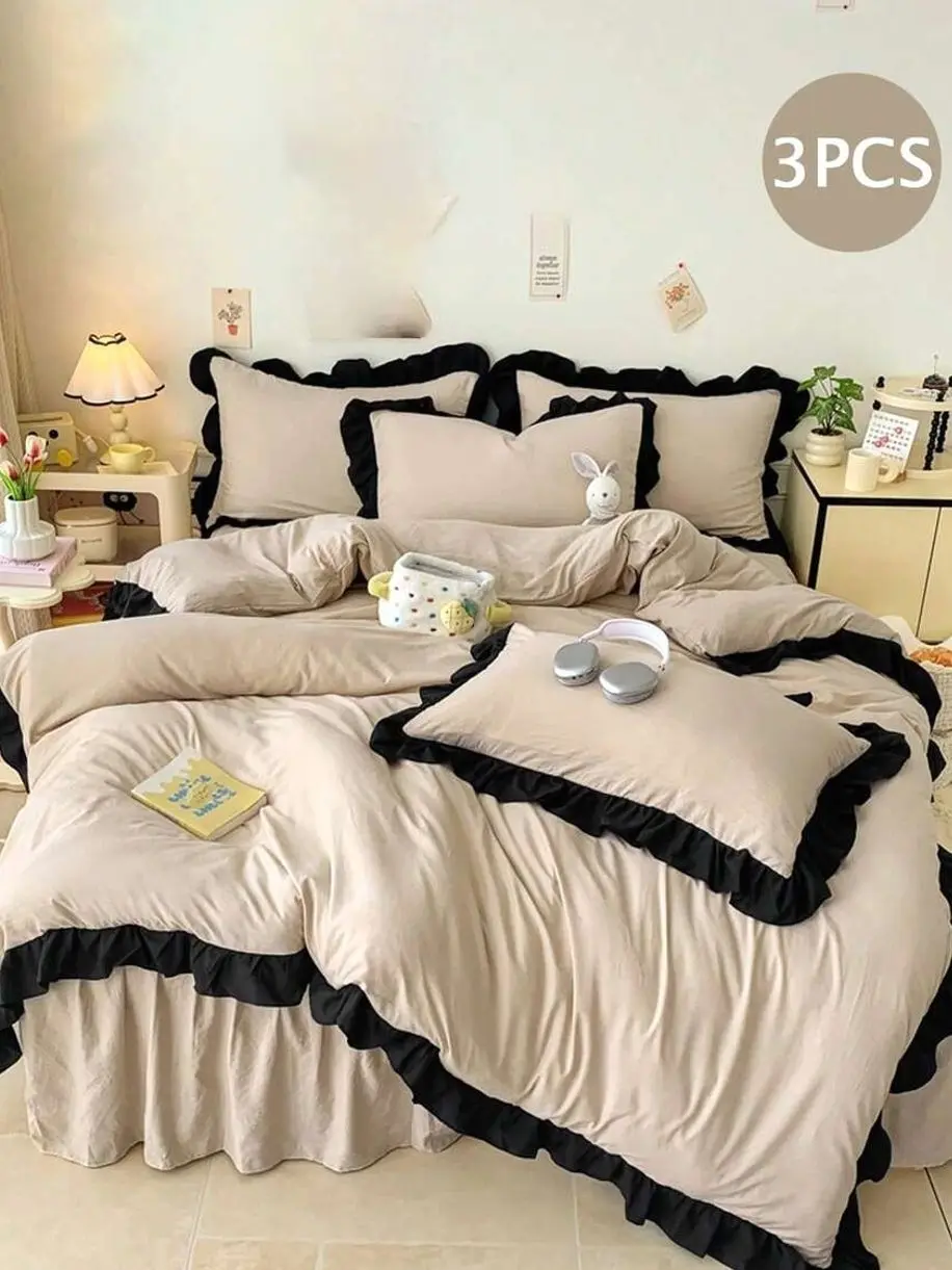 Khaki Ruffled Soft Skin-Friendly 3 Pieces Duvet Cover Set, Suitable For Bedroom, Guest Room, All Season