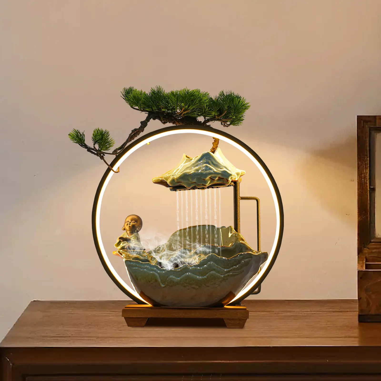 Wooden Zen Tabletop Water Fountain - Corded Ceramic with Monk & Nature Ornaments, Home Decor Accessory, Decoration Items, Modern Home Decoration, Meditation Room Accent, Interior Decoration Accessories