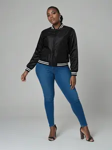 Deckra Women's Original Chic Collared Satin Varsity Jacket - All Black, Striped, Fitted Long Sleeves, Polyester Medium-Length, Button Closure, Pocket, Casual Sports Top, Longsleeves