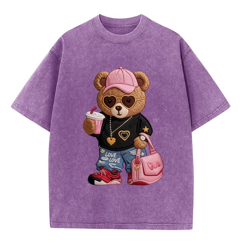 Women's Plus Size Combed Cotton Crew Neck Teddy Bear Graphic Print Soft Comfortable Oversized Vintage Washed Short-Sleeve Loose-Fit Coquette Aesthetic Casual T-Shirt