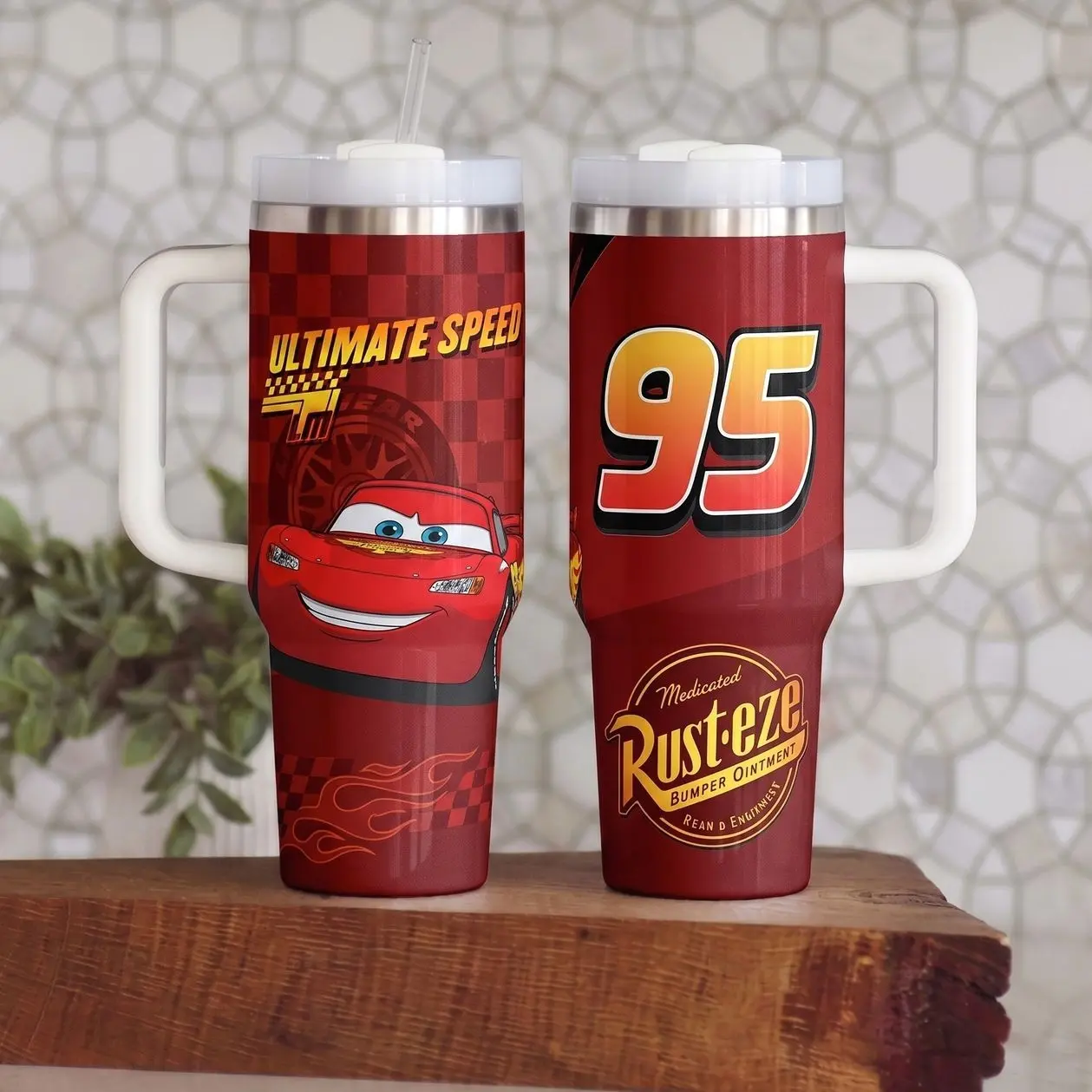 40oz Lightn' M.cqueen Racing Tumbler with Handle and Straw, Stainless Steel Insulated Travel Mug, Birthday Gift for Car Lovers