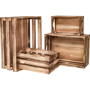 Large Wooden Crates Set of 4 ative Storage Box with Handles, Rustic Torched Brown Farmhouse Wooden Crates for Display, Organizer Container Baskets Box for Kitchen, Pantry, Bedroom
