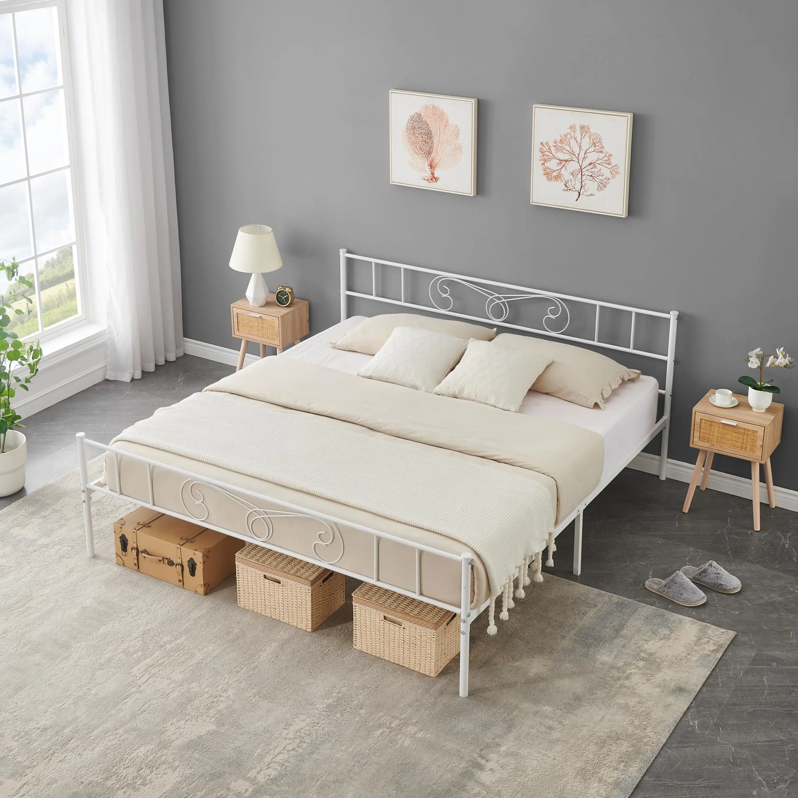 【GARVEE】Queen Size Metal Bed Frame with Storage Space, Heavy Duty Sturdy Mattress Foundation, Easy Assembly, Noise-Free Design, No Box Spring Needed for Durable and Convenient Bedroom Setup